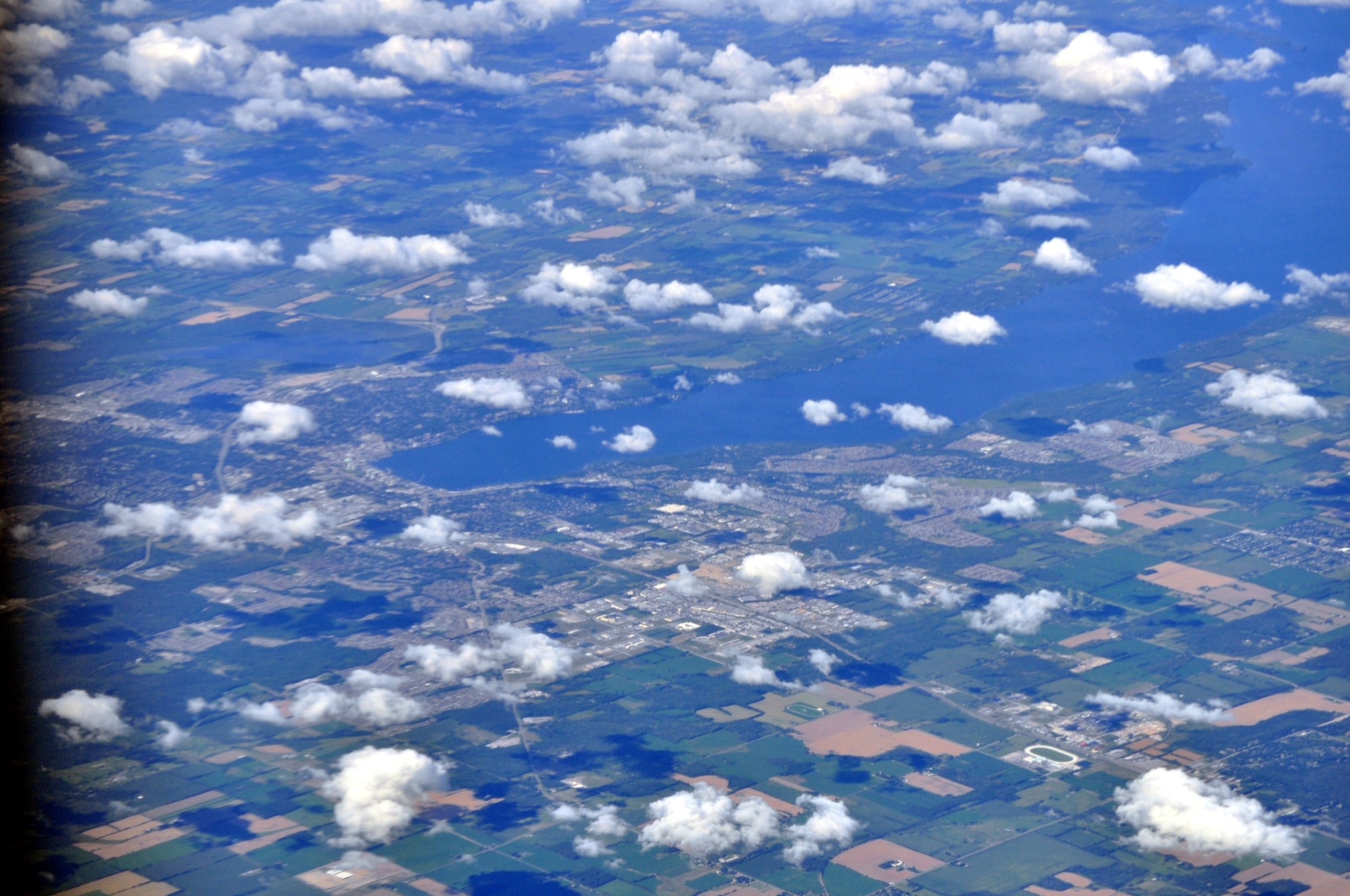 Aerial view of Barrie, Ontario and Kempenfelt Bay from the southwest