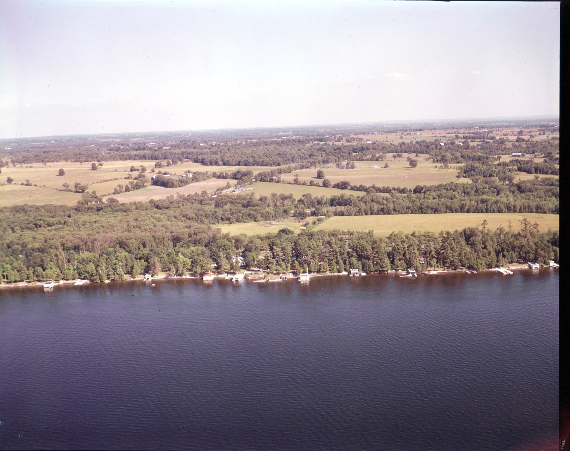 Aerial view of cottages along the Sturgeon Lake shoreline near Dunsford in the Kawartha Lakes