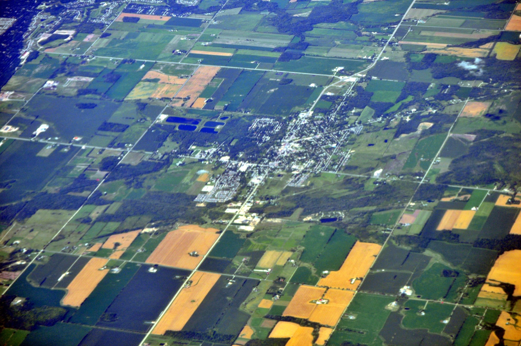 Aerial view of the village of Stayner surrounded by Simcoe County farmland