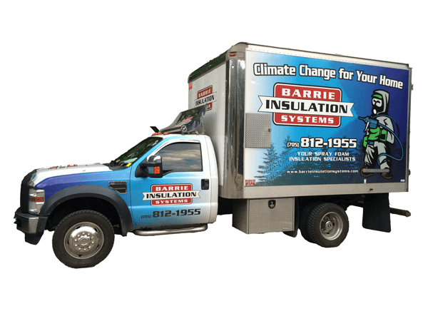 The Barrie Insulation Systems truck, signwritten “Climate Change for Your Home”