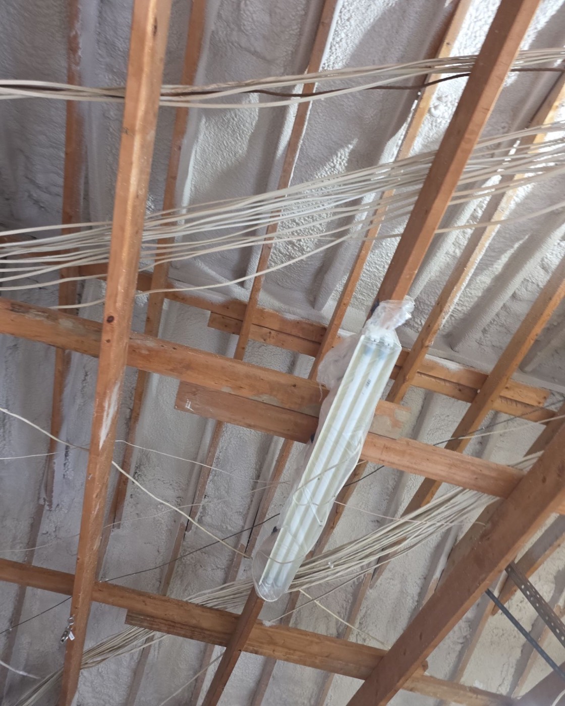 Open roof structure with rafter bays netted for blown-in insulation